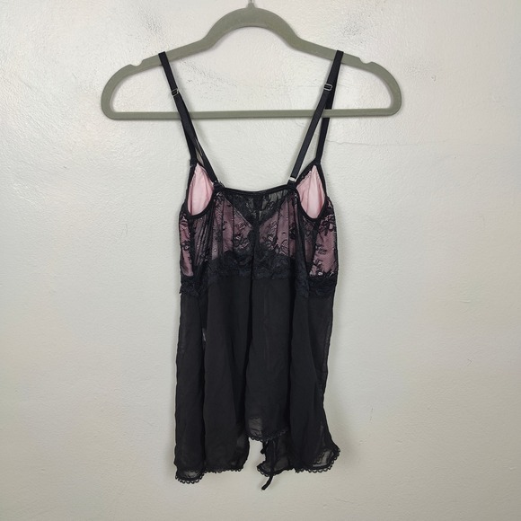 Dolls Kill Current Mood Pink Lace Black Sheer Babydoll Top Womens Large Lingerie - Picture 4 of 7